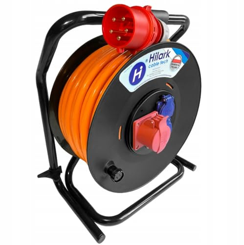 Hilark - Avvolgicavo elettrico professionale H07BQ-F, 5 x 4 mm2, 25 m, prolunga elettrica con blocco prese