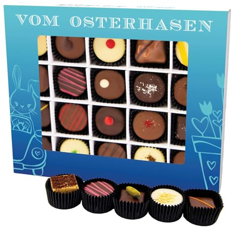 Hallingers Genuss Manufaktur Pralinen Oster-Geschenk - ohne Alkohol, handmade aus Confiserie-Edelkakao in wertiger XL-Geschenkbox Vom Osterhasen, Ostern Körbchen für Frauen Männer