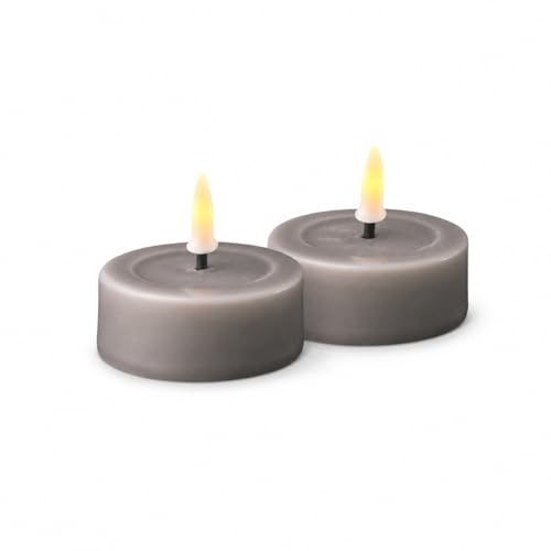 ReWu LED Teelicht 2er Deluxe Homeart, Großes Indoor LED-Teelicht mit Realistischer Flamme, Warmweißes Licht, Echtwachs, Grau