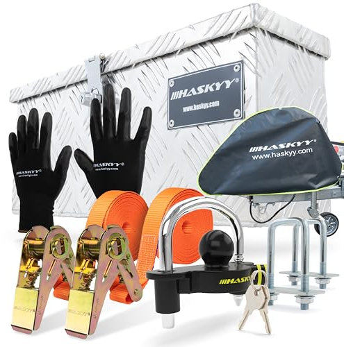 Aluminium Box Satz 485x140x200 mm inkl. 2X Spanngurte mit Ratsche 5m*27mm 400-800 daN, Anhängerschloss Diebstahlschutz, Deichselhaube mit Reflekt & Schwarze Handschuhe