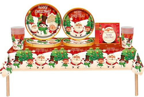 69 Pièces Vaisselle en Papier de Noël, Sapin de Noël Père Vaisselles Jetables avec Assiettes Papier Gobelet Serviettes Plastique Nappe pour 16 Invités, Vaisselle-pour VacancesNoël Table Fêtes Décor