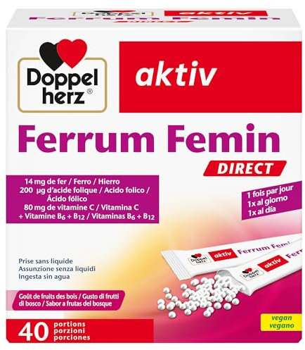 Doppelherz Ferrum Femin avec vitamine C + B6 + B12 + acide folique - 14 mg de fer pour la formation normale des globules rouges - 40 sachets