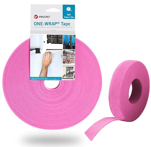 VELCRO® Brand Hook and Loop ONE-WRAP® Hook and Loop Tape, Cable Straps, Cable Management, Cord Organizer, Reusable Fastening Cable Ties, Pink, 10mm x 1m