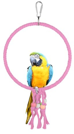 LuckyOpt Bird Swing, 20 CM Diameter Hanging Parrot Swing with Colourful Beads, Swing Parrot Toys Cotton Rope Ring Bird Cage Toys for Budgie, Cockatiel, Canary, Parakeet, Finch (Pink)