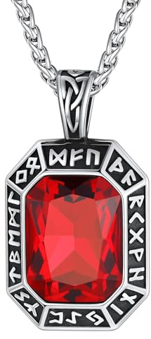 ChainsHouse Rune Kette für Herren Damen Edelstahl Halskette Wasserfest | Wikinger Rune Anhänger mit Onyx/Rubin/Smaragd/Saphir Stein, Schutz Amulett Schmuck für Männer Frauen