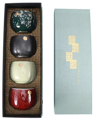 Juego de 4 tazas de cerámica, juego de tazas de té de cerámica, tazas de té retro chino/japonés, juego de tazas de té japonesas (feliz y