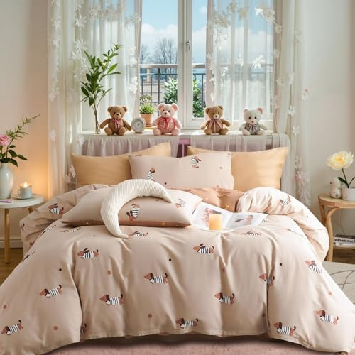 Tospass Dackel Bettwäsche 200x220 Baumwolle Khaki Dachshund Bettwäsche Set | ÖKO-TEX Bettwäsche für Allergiker,Aesthetic Bettwäsche Mädchen,3teilig Bettbezug mit Reißverschluss und 2 Kissenbezug 80x80cm