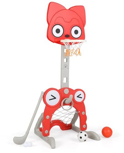 COSTWAY Kids Basketball Hoop, 4 in 1 Sports Activity Center with Football Goal, Golf, Ring Toss, Height Adjustable Indoor Basketball Stand for Toddlers (Fox)