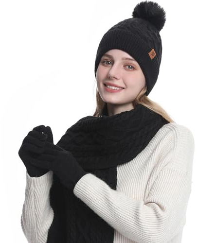 MAZELIKEHOOD Set Sciarpa Cappello Guanti Donna Inverno Caldo Cappello di Bobble con Sciarpa a Maglia e Guanti Tessuto Morbido e Comodo Moda Accessori Invernale Ideale per Regalo di Natale