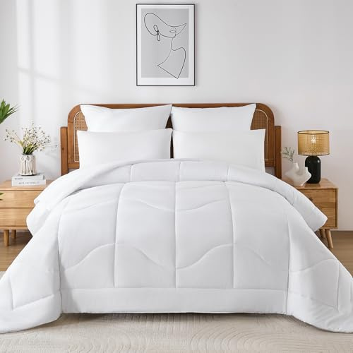 WONGS BEDDING Bettdecke 200x200-100% Bauwolle Bettdecke Ganzjahresdecke 300 GSM Wende Steppdecke 200x200 Pflegeleicht & Atmungsaktiv Schlafdecke mit 2 Kissenbezug 80x80 cm, Weiß