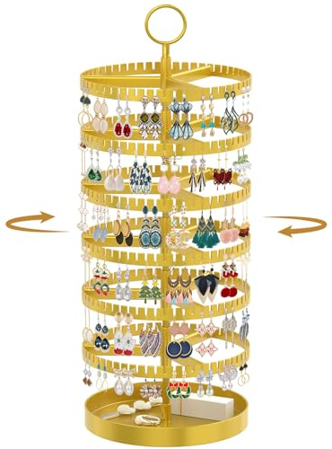 TANOSAN Rotierend Ohrring Ständer Halter Display mit Metalltablett, Golden | 6 Etagen Ladies Verstellbarer Schmuck Organizer Kunststoffständer mit 342 Schlitzen für Ohrstecker-Reifenbügel, Platzsparend