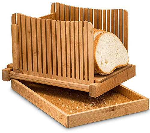Trancheuse à pain en bambou avec planche à découper pliable et réglable pour gâteaux faits maison, même tranches, sûre, stable, facile à nettoyer, outil de cuisine compact pour recueillir les miettes