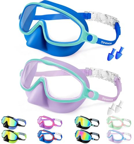 Vvinca 2 Pack Kids Swim Goggles with Nose Cover, Wide View, Ages 3-14 | Anti-Fog, UV Protection, No Leak Fit