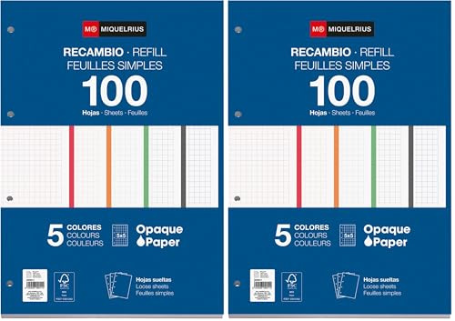 Miquelrius - Bloc de recambio, 100 hojas cuadriculadas 5x5 mm, Papel opaco 90 g/m², Recambio hojas A4 perforadas para carpeta de anillas o archivadores, Material escolar, 5 colores de hojas
