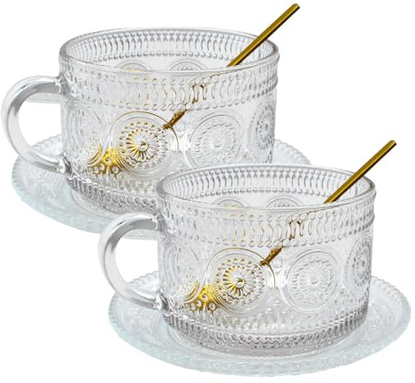 CXRYLZ-FUR 2 Stücke Gläser Kaffeetassen Set, Groß Teegläser mit Henkel 2 Glas Unterteller 2 Löffel, Kristallgläser Glastassen mit Untertasse für Cappuccino, Tee, Latte, Macchiato, Eiskaffee, Milch