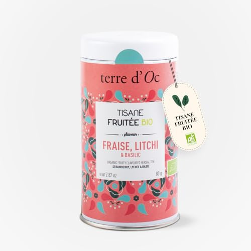 Terre d'Oc - Tisane Fruitée Bio - Fraise, Litchi - Glacée ou Chaude - 80g | Sans Théine - Saveur Fruitée et Surprenante - Basilic - Boite Métal - Vrac - Alternative aux Sodas - Idée Cadeau