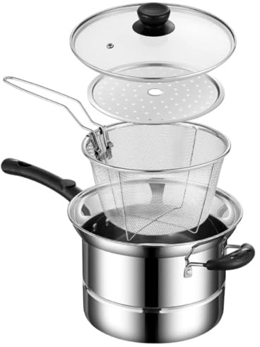 Pentola per friggitrice con cestello, pentola in acciaio inox con coperchio, versatile gadget da cucina per patatine fritte, frutti di mare, gamberetti, anelli di cipolla