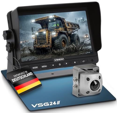 VSG24 Rückfahrkamera Set IP69K EXPERT – HD 1080P, Personenerkennung, Monitor mit Split-Screen & Loop-Aufnahme, 4 Kameras anschließbar, Rückspiegelfunktion, Nachtsicht, Rückfahrkamera