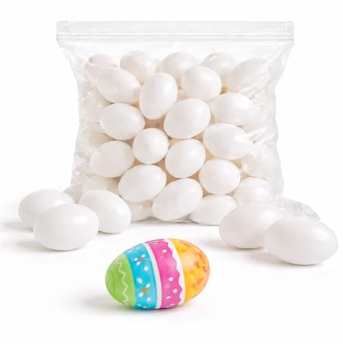 TK Gruppe Timo Klingler 50x Ostereier 6 cm Dekoeier Plastikeier Eier für Ostern Zum Basteln Bemalen Aufhängen aus Plastik, Kunststoff Weiß Kunststoffeier für Deko Dekoration Weiß