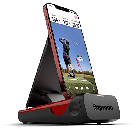 Rapsodo mobil startskärm för golf inomhus- och utomhusbruk med GPS satellitvy och professionell nivånoggrannhet, endast iPhone och iPad, svart/röd