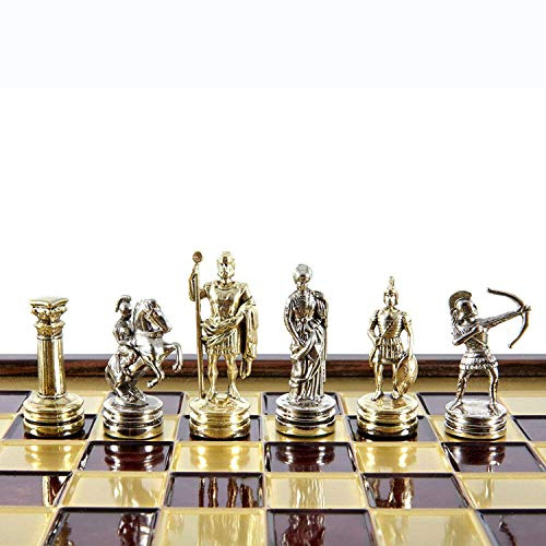 Manopoulos Schachset - Römisches Thema, Messing & Nickel, Holzbrett (Red-Brass), 2 Spieler, ab 8 Jahren