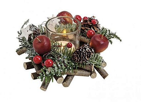 itsisa Winterliches Adventsgesteck m. Zweigen & Äpfeln inkl. Teelichtglas, Adventsdeko (Adventskranz), weihnachtliche Tischdeko
