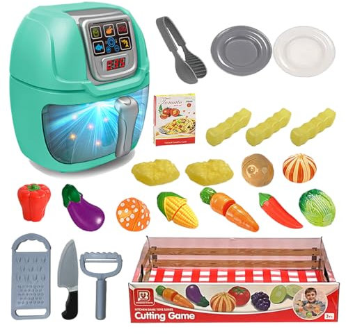 Kids Children Pretend Play Battery Operated Toy Set Air Fryer working with sound Light Kitchen with Play Food Fruits Vegetables Kitchen Accessories