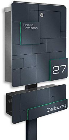 Metzler Massiver Standbriefkasten Edelstahl - Anthrazit RAL 7016 - inkl. Briefkasten-Ständer - mit Gravur - rostfrei (mit Zeitungsfach & Briefkastenständer) - Größe: 33 x 38,5 x 11 cm