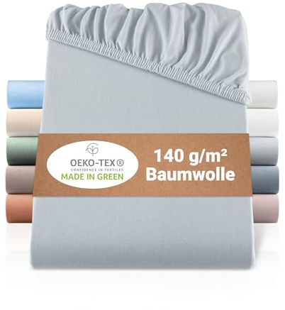 BaSaTex Bio Jersey Spannbettlaken, 200x200-200x220 cm, Hellgrau | 100% Bio Baumwolle, GOTS-Zertifiziert, Rundumgummizug, 140gsm, für Wasserbetten und Boxspringbetten