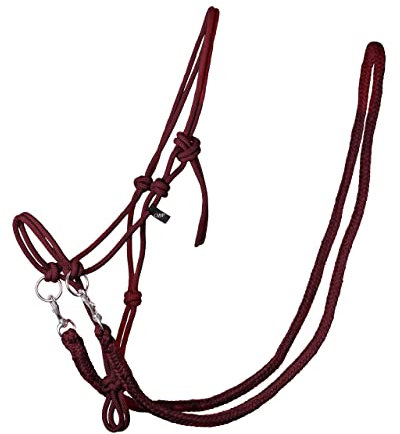 QHP Knotenhalfter mit Zügeln robustes 10 mm dickes Seil (Shetty, Bordeauxrot)