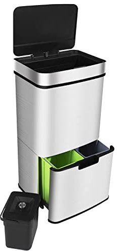 Ribelli Edelstahl - Mülltrennsysteme mit 3+1 Fächer - Mülleimer mit Sensor - 72 Liter (2x12 + 1x48 L) - Design Treteimer aus Edelstahl - Silber