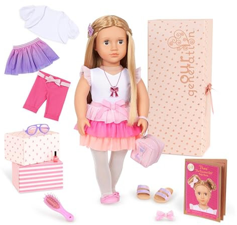Our Generation Puppe Thea mit 3 Outfits – Bewegliche 46 cm Puppe mit Puppenkleidung, Kamm, Zubehör und blonden Langen Haaren zum Frisieren – Spielzeug ab 3 Jahren (19 Teile)