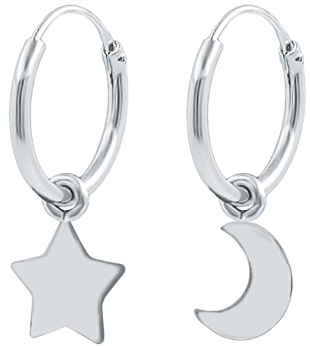 ENTREPLATA Pendientes de Plata de Ley 925 Aros de 12 mm con Charms Aretes Pequeños para Mujer Criollas Colgante Media Luna y Estrella