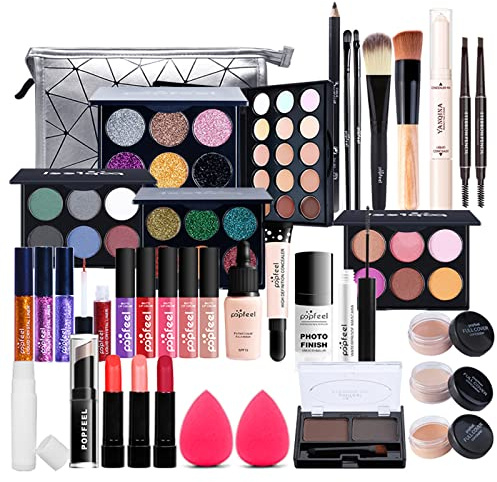 37 Stück Make Up Set, Schminkkoffer gefüllt, kinderschminke set mädchen, Lidschatten Makeup Paletten Mischen Matt und Schimmer mit Lipgloss