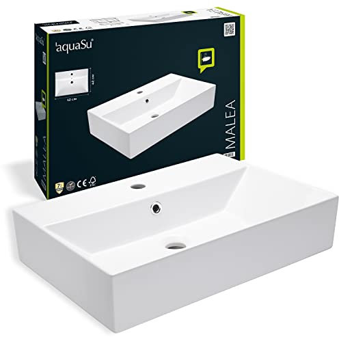 aquaSu® Moderner Waschtisch Malea 60 cm | Design-Waschbecken mit Überlauf und Hahnloch | Hänge-Waschbecken modern | Waschtisch wandhängend | 60 x 42 cm | Sanitärkeramik in weiß | 56230 0