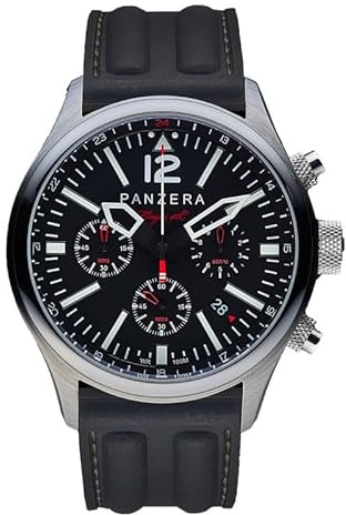 Panzera Flieger 46 Chronograph Automatik Stahl Schwarz Silikon Pilot Rot Datum Herren Uhr