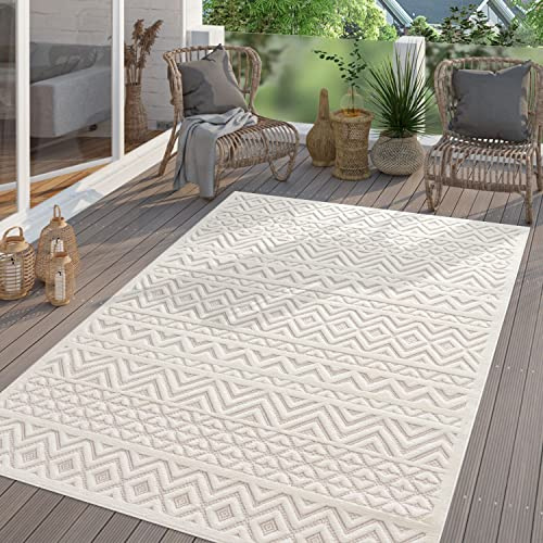 TT Home In-& Outdoor Teppich Wetterfest Balkon Küche Wohnzimmer Boho Skandi Design, Farbe:Creme, Größe:140x200 cm