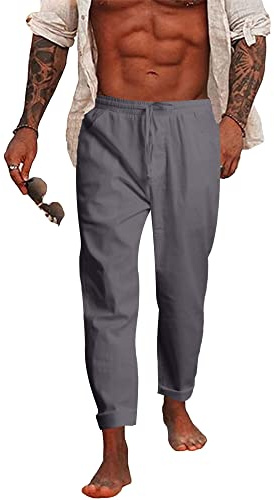 NANAMEEI Men's Cotton Linen Trousers Casual Linen Trousers with Pockets Elastic Waist Linen Pants