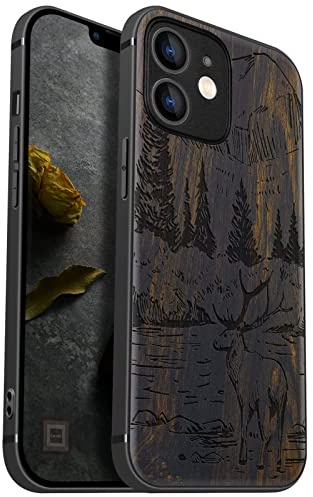 Carveit Holz Hülle für iPhone 12 mini, Dunklesholz-Berge und Hirsche | Cover kompatibel MagSafe [Holz und TPU Silikon Hybrid Hull] Magnetisch Case für iPhone 12 mini Handyhülle