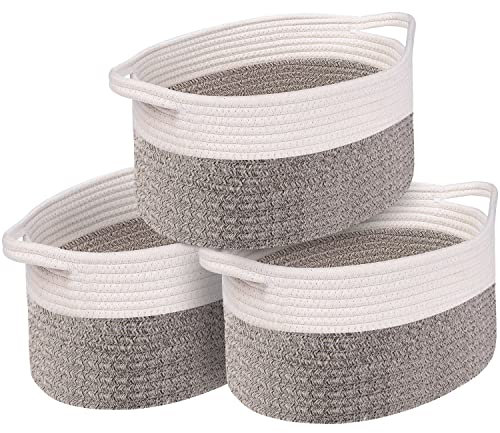 OUTBROS 3 Piezas Cestas Almacenaje Tejida con Cuerda de Algodón, con Mango, caja Baño, para Dormitorio y Armario (Beige & Marrón)
