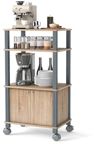 GIANTEX Carro de Microondas 3 Niveles, Estantería de Almacenamiento con 4 Ruedas, 3 Estantes y Armario con Puertas, 60 x 40 x 98 cm, Mueble Organizador para Cocina, Comedor, Salón (Roble)