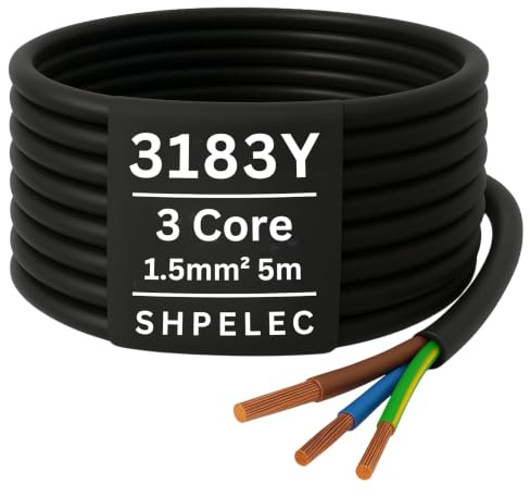 SHPELEC® FLEXIBLE Black Cable 3183Y 0.75mm, 1.0mm, 1.5mm, 2.5mm BASEC Approved Black PVC LED Lighting 5m 10m 15m 20m 50m (1.5mm 3 Core - 5metres)