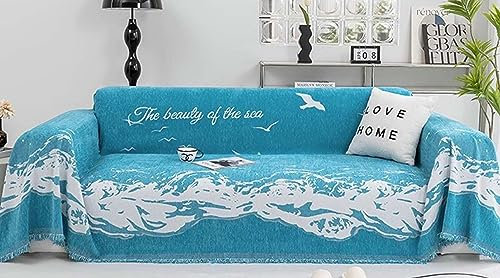 Mesnt Sofabezug 4 Sitzer Big Sofa, Blau Weiß Waschbar Sofa Protection Cover Schonbezug Couch mit Kunstmalerei Meeresmuster aus Chenille, 180x380CM