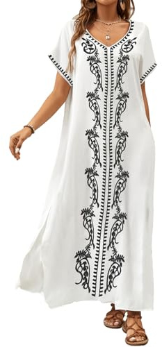 Bsubseach Dam broderad kortärmad bikini baddräkt täcka upp sida delad strand kaftan klänning, Z-vit, en storlek