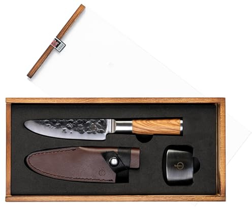 Forged Olive Kinder Kochmesser set 12cm, 3 teilig, Kochmesser, Fingerschutz, Klingenschützer, in Holzkiste