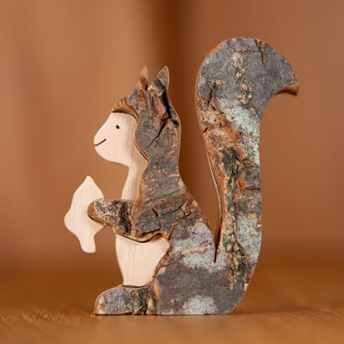 Staboos Eichhörnchen 70mm - Holzfigur Deko, handgefertigt, Geschenk | Massivholz-Holztier mit Naturrinde, jedes Stück ein Unikat – Eichhörnchen & Waldtier zu Geburtstag, Hochzeit & Weihnachten