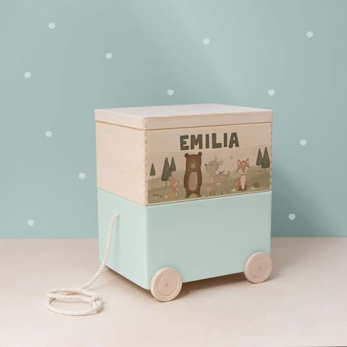 hellomini Personalisierte Spielzeugkiste aus Holz zur Aufbewahrung - Stapelkiste Holz - Spielzeugkiste Kinderzimmer - Personalisiertes Geschenk für Kinder (Waldtiere 2er)