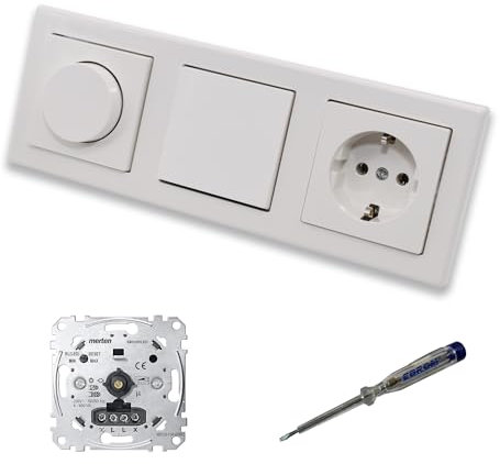 EBROM SET IDEE: Merten MEG5134-0000 LED Drehdimmer Dimmer + MEG5250-0319 + Taster MEG3150-0000 + Steckdose MEG2301-0319 polarweiß glänzend System M Smart + EBROM Phasenprüfer zur Montage der Geräte