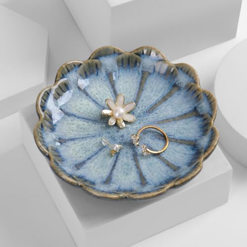 Vukehon Jewelry Dish Lotus Leaf Shape Ring Holder Ceramic Decorative Plate Trinket Tray Key Bowl(Petals-Blue)