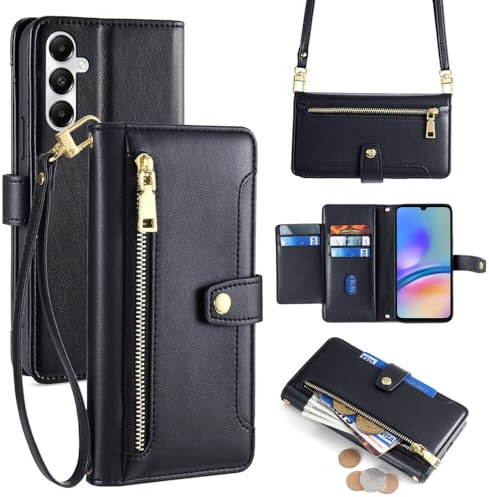 Yiscase Crossbody Case for Galaxy A55 5G with Lanyard, Zipper Wallet Case with Card Slots Kickstand Flip Case, Purse Style Necklace Phone Cover designed for Samsung Galaxy A55 5G, Black